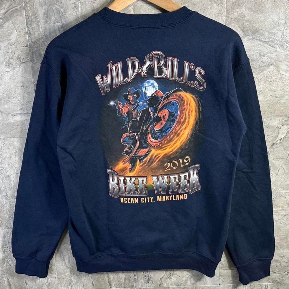 Wild Bill's 2019 Bike Week skeleton flames motorcycle, navy sweatshirt Size S
